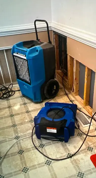 Dehumidifier and air mover drying a wall opened at the base