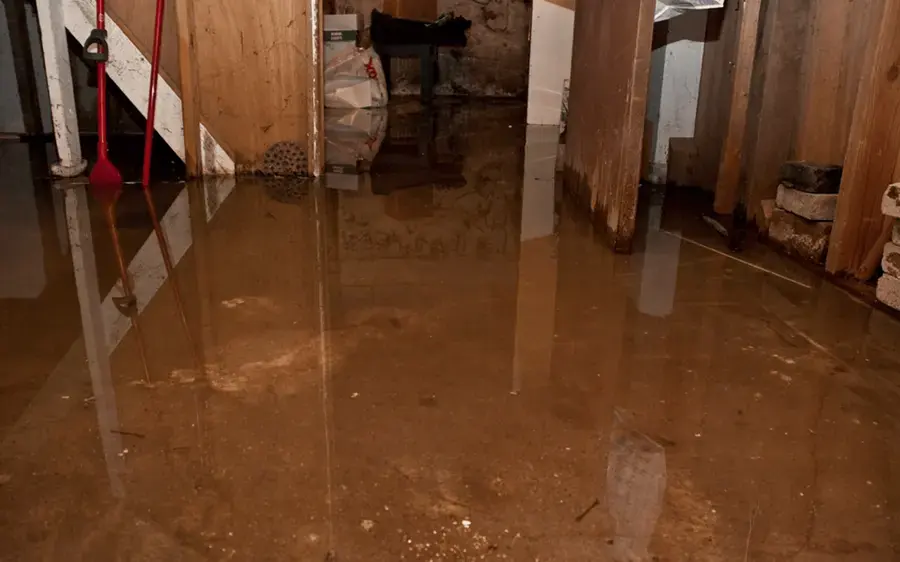 Muddy water standing across a basement floor
