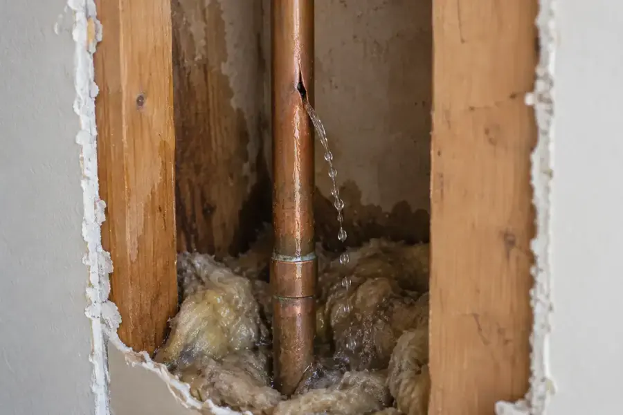 Copper supply pipe spraying water inside an opened wall