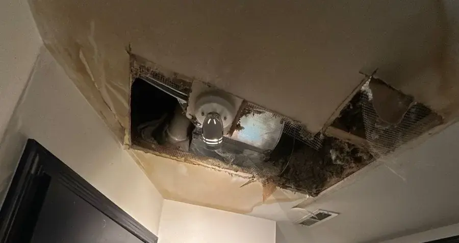 Wet ceiling drywall cut open around a light fixture