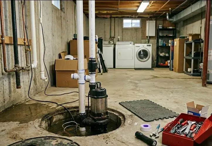 Open sump pit and pump in an unfinished basement