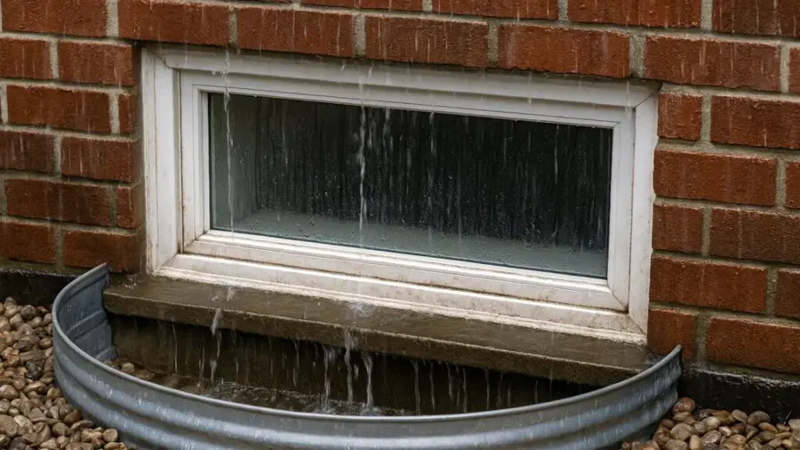 Water pouring over a basement window from a flooded window well